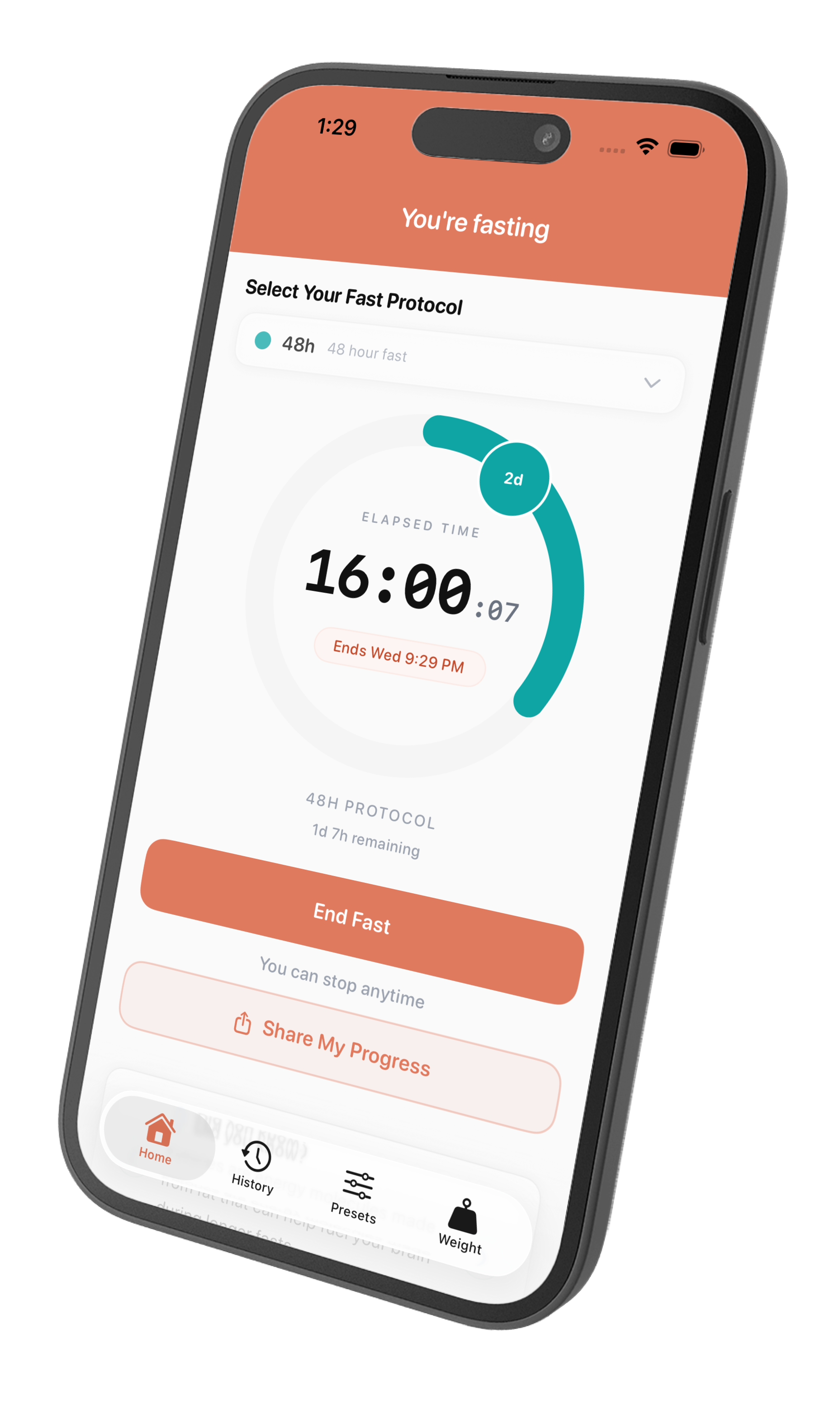 Protocol app fasting screen mockup