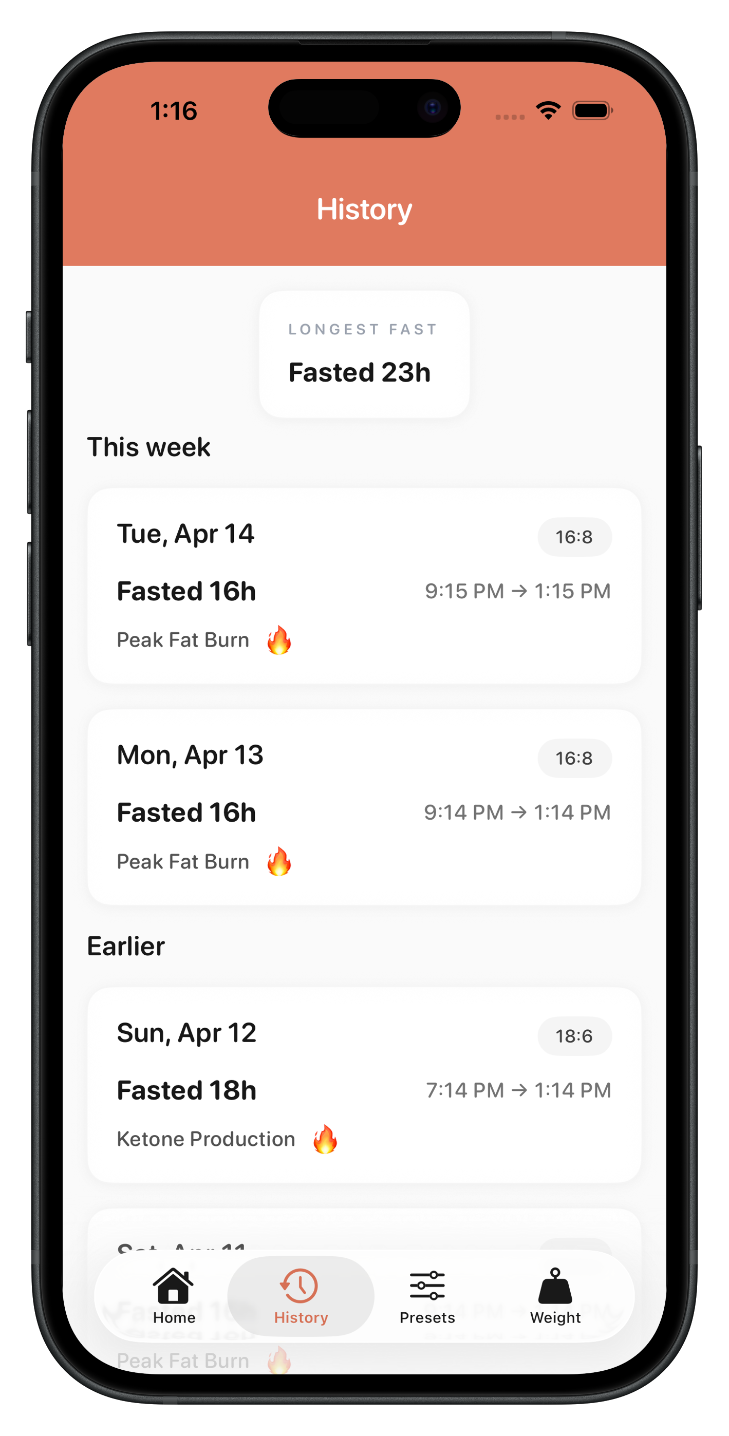 Protocol app fasting history screen