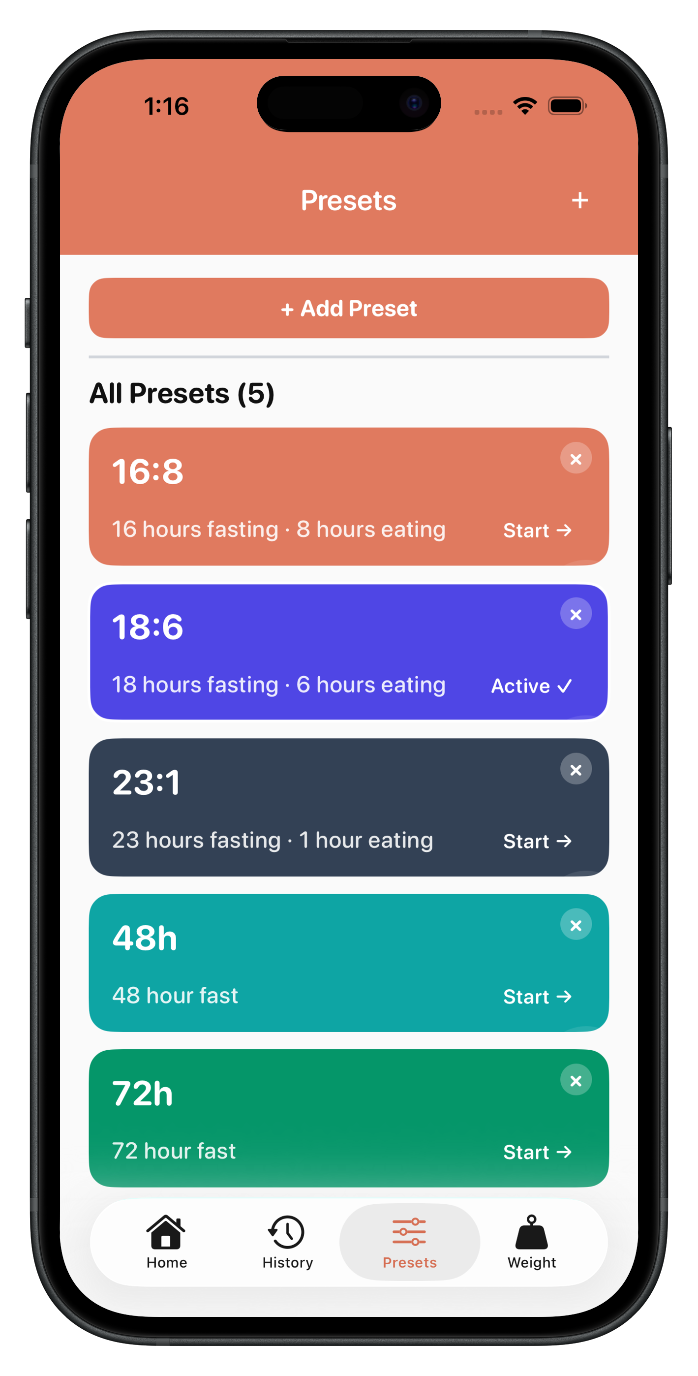 Protocol app custom presets screen