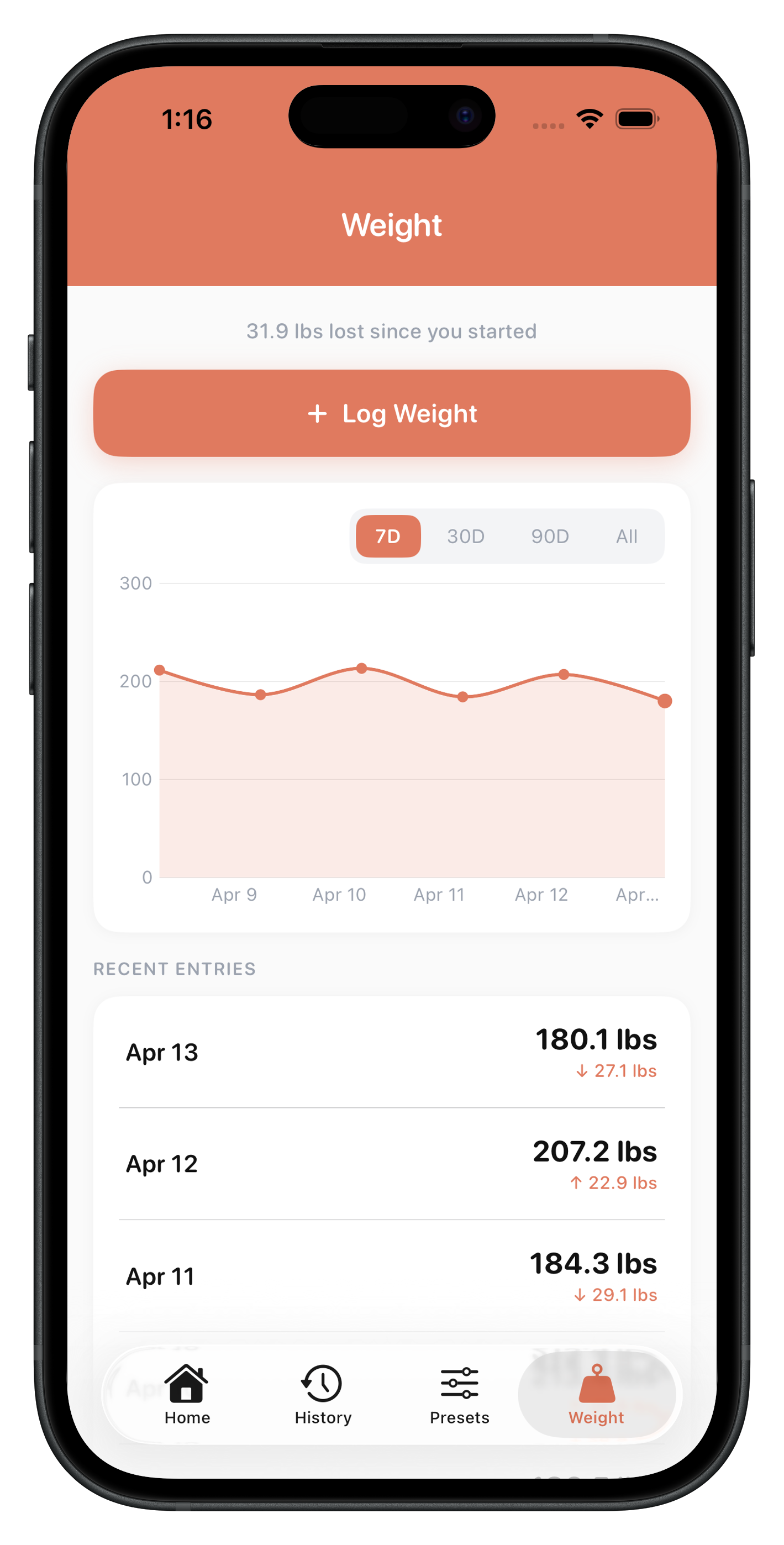 Protocol app weight tracker screen